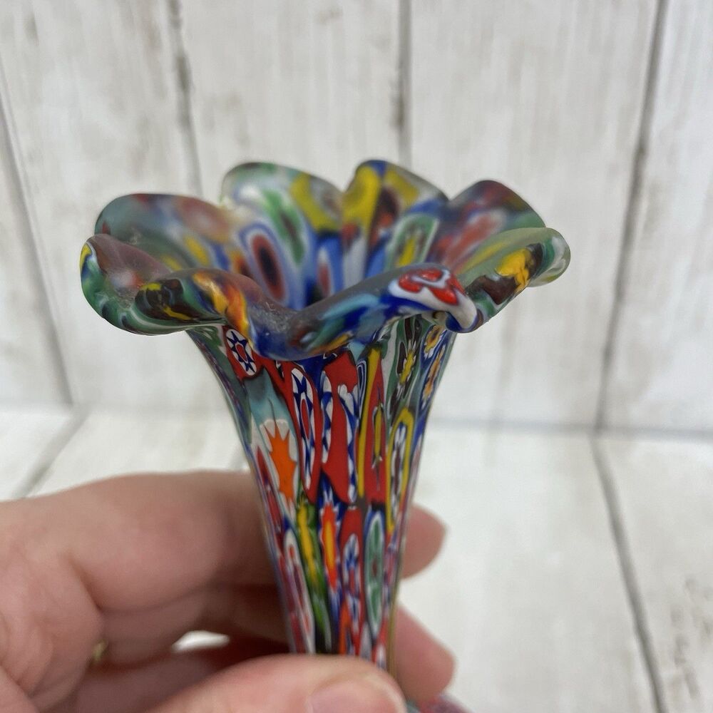 Vintage Fratelli Toso Murano Millefiori Murrine Cane Vase 6.75” - Picture 8 of 13